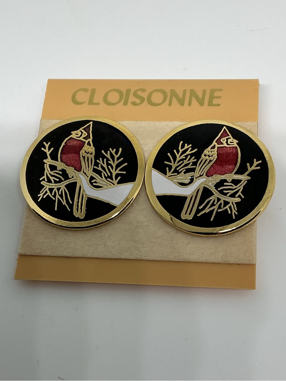 Vintage Cardinal Cloisonné Gold Tone Clip On Earrings